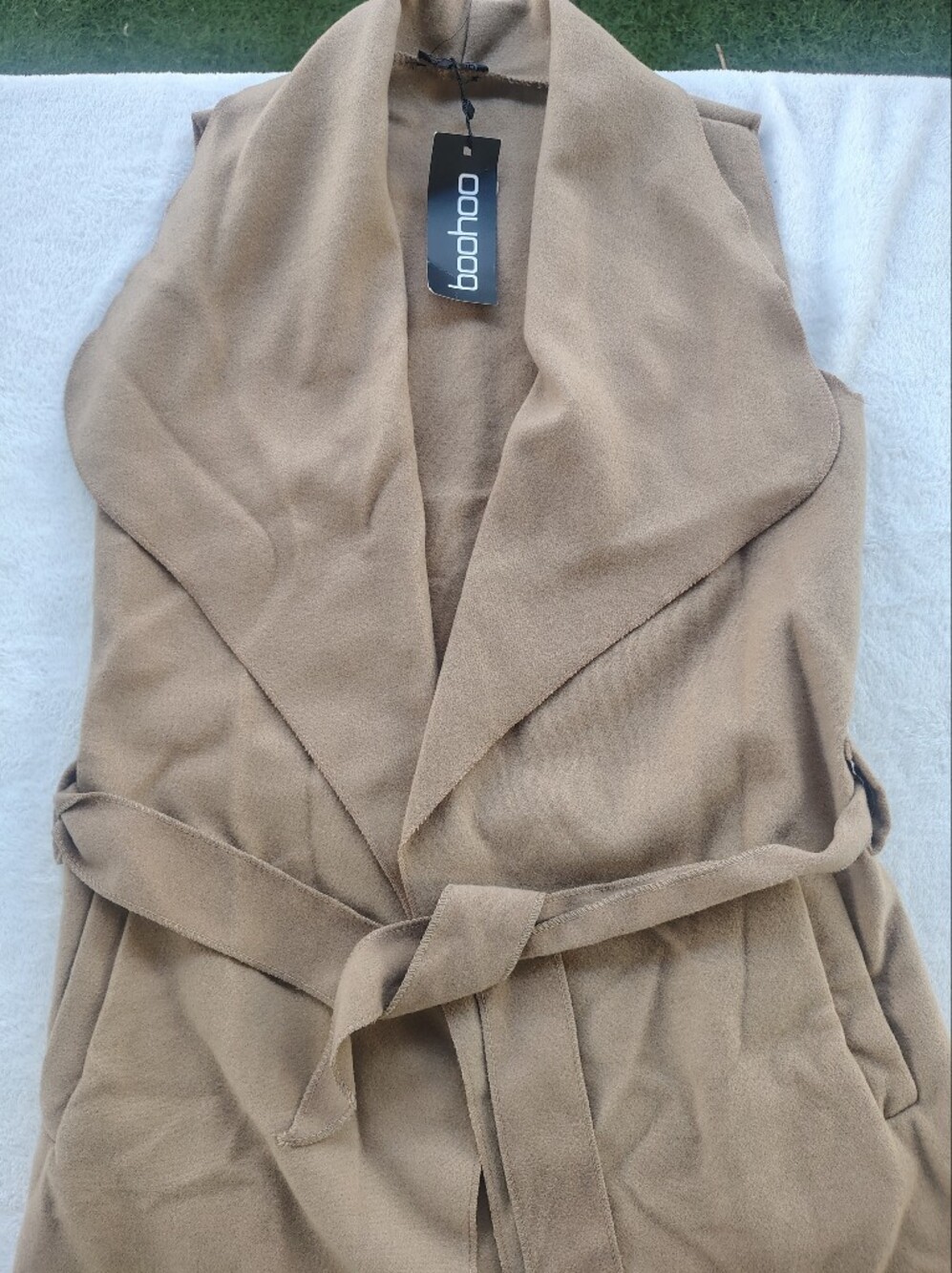 Boohoo Camel Belted Sleeveless Drape Vest